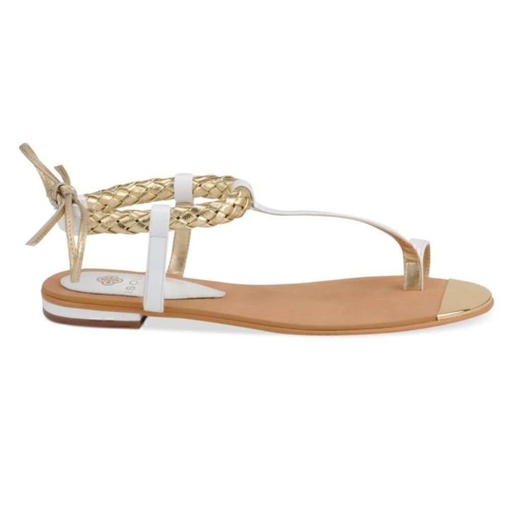 ISOLA Adena Leather White/Gold Pleated Braided. Straps Flat Sandals Size 8.5